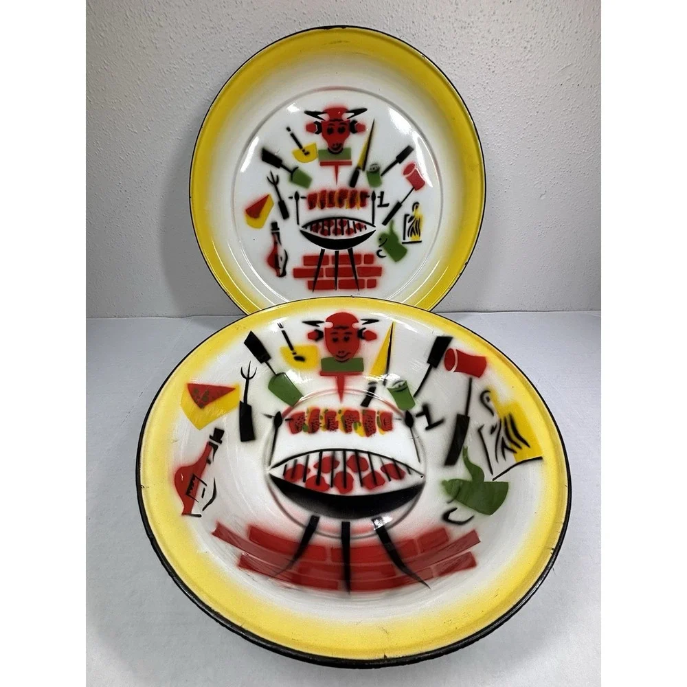 VTG MCM Enamelware Metal Grilling BBQ Serving Tray Bowl‎ Set Retro Atomic Tiki